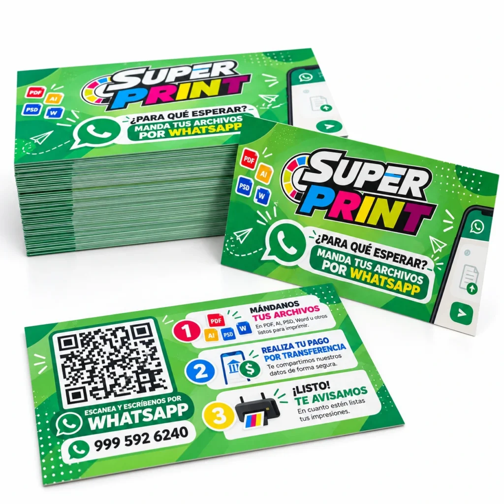 Tarjetas de presentación con WhatsApp | Super Print Mérida Tarjetas de presentación personalizadas con WhatsApp impresas en Mérida, Yucatán